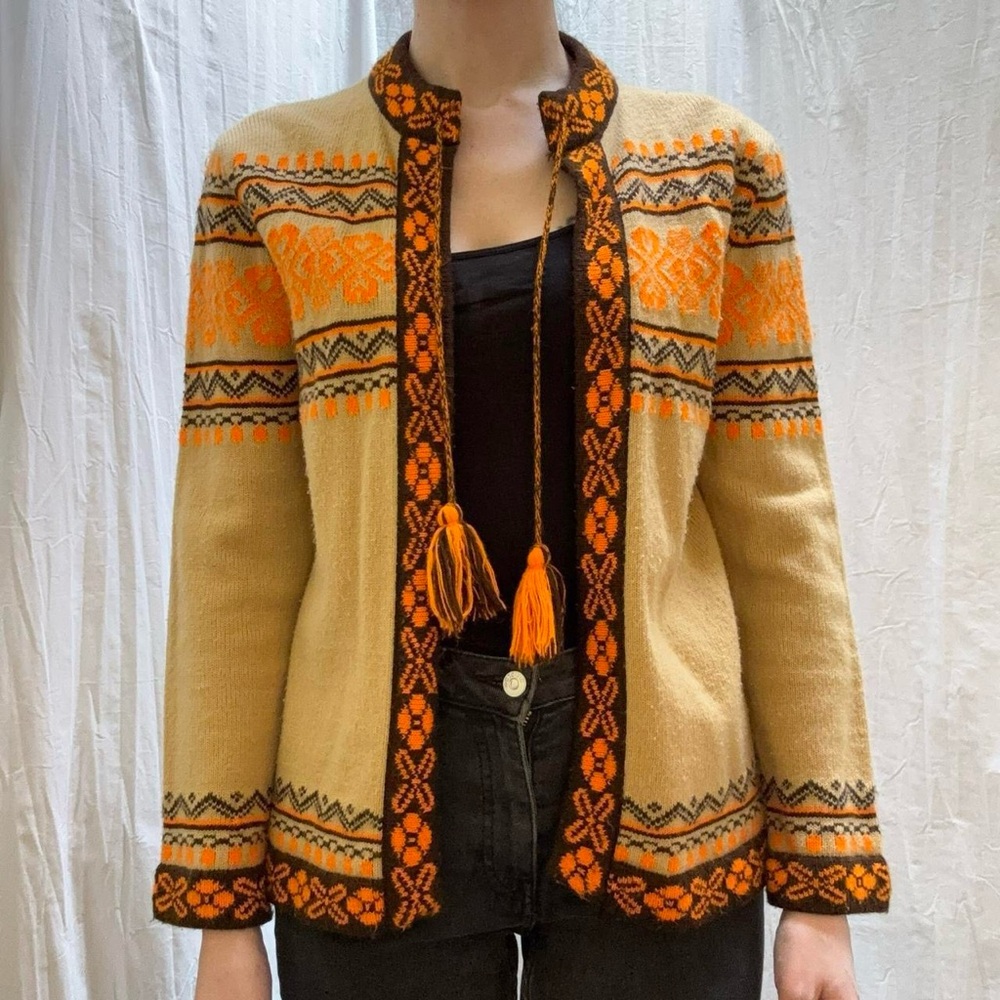 Tan, Orange and Brown Nordic Open Cardigan Sweater with Hanging Tassels VTG 70s